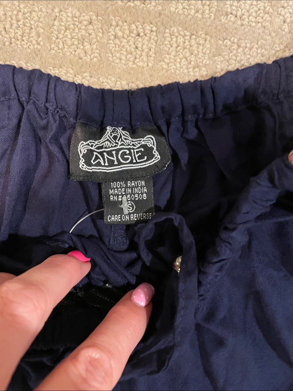 Angie Navy Drawstring Waist Shorts with Embroidered Trim - Picture 2 of 3